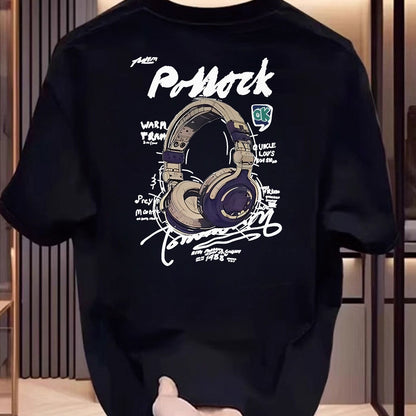 Men'S Cotton Short Sleeve T-Shirt with Headphones Graphic Print- Street Art Graffiti Music Design, Regular Fit Round Neck Summer Casual Tee for Commuting& Casual Attire, Streetwear Fashion, Urban Streetwear, Breathable Fabric