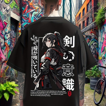Black Anime Streetwear Tee – Japanese Sword Art Design