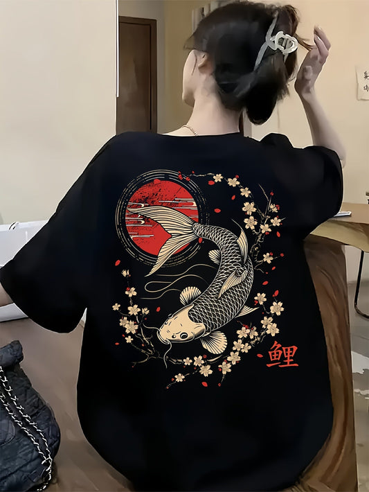 Women's Loose Fit T-Shirt – Black Koi Fish & Cherry Blossom Print
