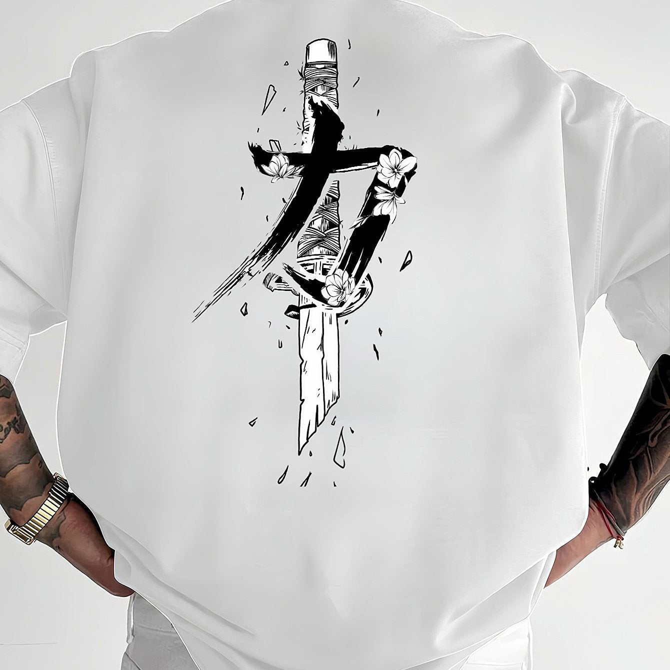 Men's Loose Fit Polyester Dagger Print T-Shirt – Casual Summer Short Sleeve