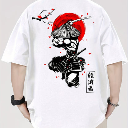 Men's 100% Cotton Samurai & Cherry Blossom Graphic Tee – Casual Short Sleeve