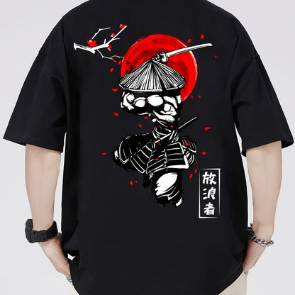 Men's 100% Cotton Samurai & Cherry Blossom Graphic Tee – Casual Short Sleeve