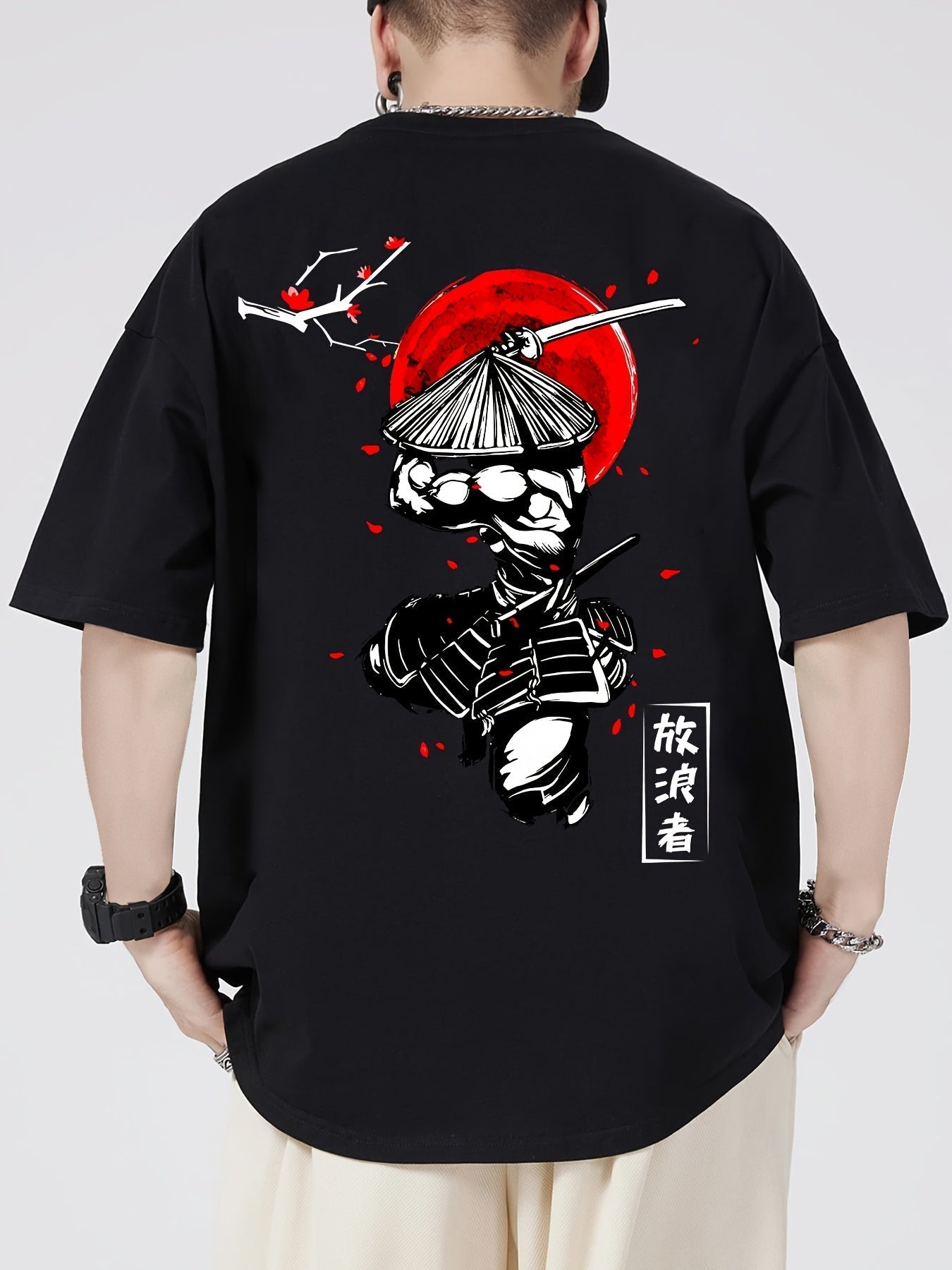 Men's 100% Cotton Samurai & Cherry Blossom Graphic Tee – Casual Short Sleeve