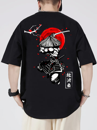 Men's 100% Cotton Samurai & Cherry Blossom Graphic Tee – Casual Short Sleeve