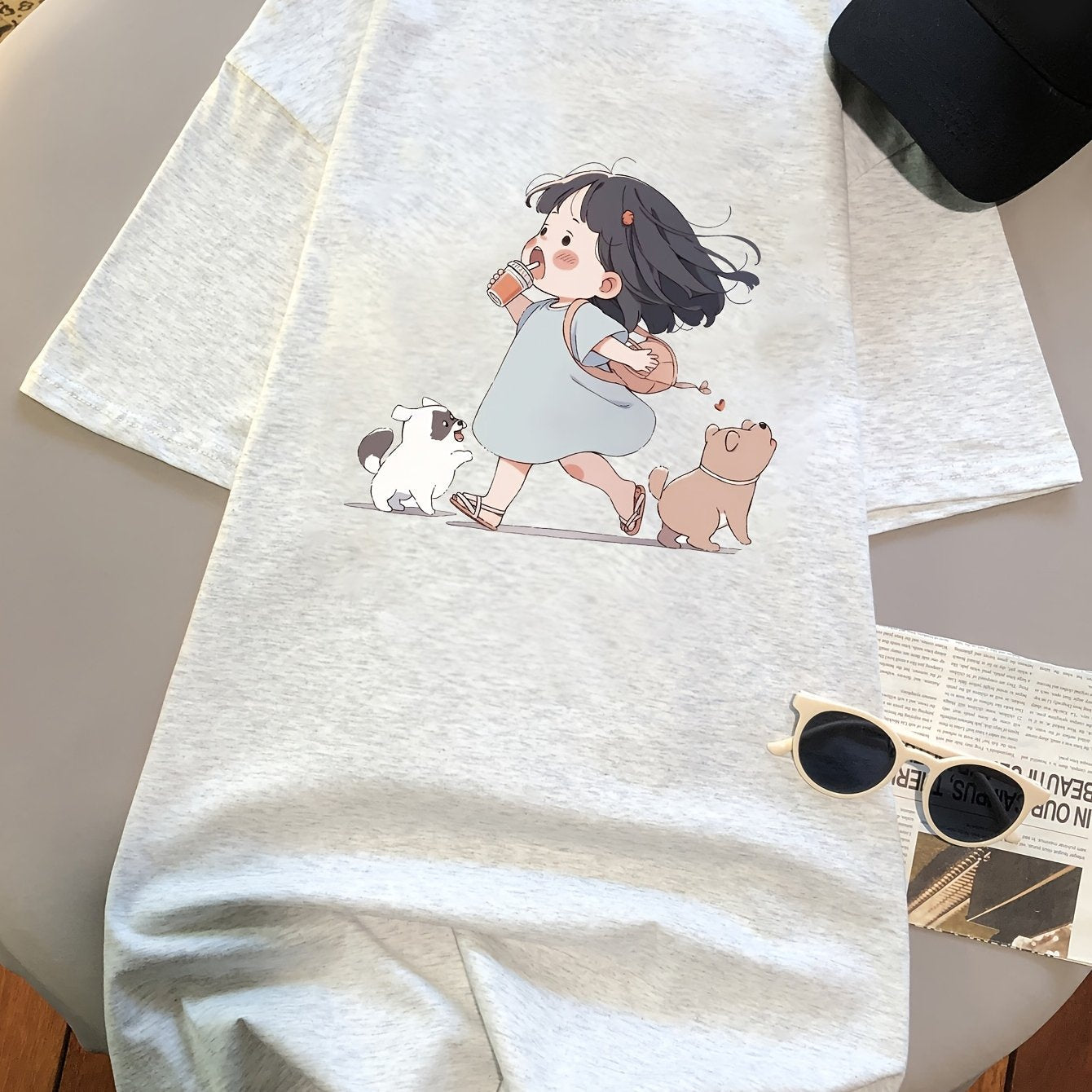 Y2K-Inspired Women'S Short Sleeve T-Shirt with Adorable Cartoon Print - Slim Fit, Crew Neck, Pure Top for Spring/Summer/Fall, Cute T Shirt