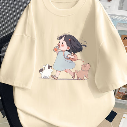 Y2K-Inspired Women'S Short Sleeve T-Shirt with Adorable Cartoon Print - Slim Fit, Crew Neck, Pure Top for Spring/Summer/Fall, Cute T Shirt
