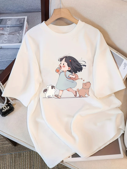 Y2K-Inspired Women'S Short Sleeve T-Shirt with Adorable Cartoon Print - Slim Fit, Crew Neck, Pure Top for Spring/Summer/Fall, Cute T Shirt