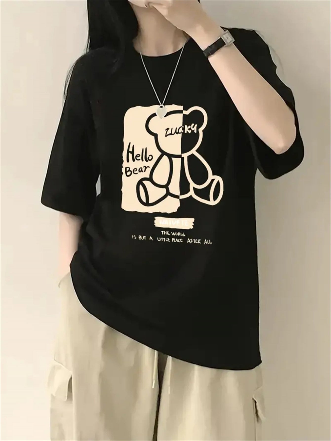 Women's Cartoon Bear Print T-Shirt – Loose Fit Summer Top