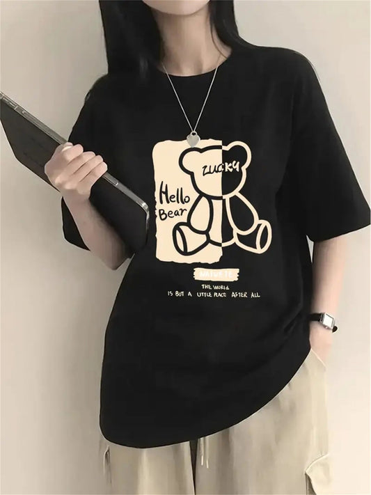 Women's Cartoon Bear Print T-Shirt – Loose Fit Summer Top