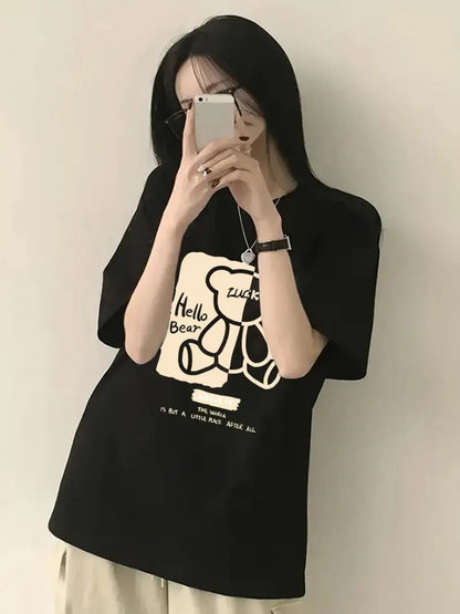 Women's Cartoon Bear Print T-Shirt – Loose Fit Summer Top