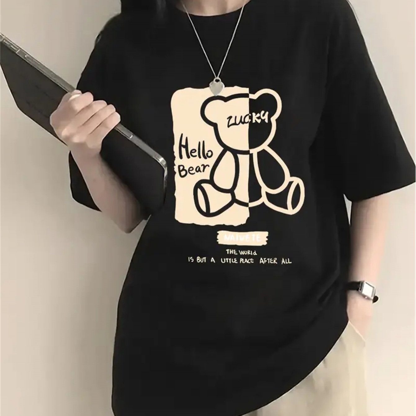 Women's Cartoon Bear Print T-Shirt – Loose Fit Summer Top