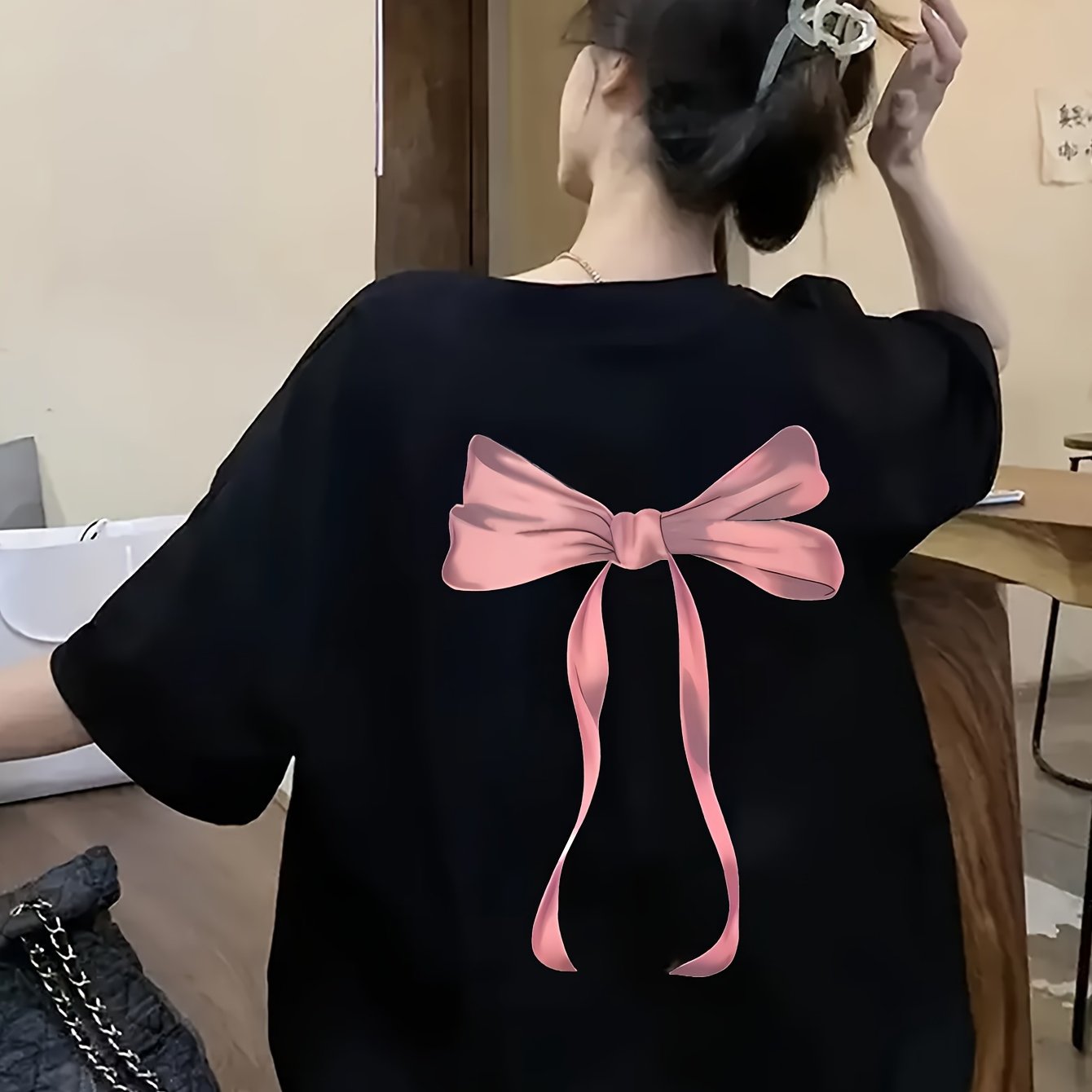 Women's Black Geometric Bow Print T-Shirt – Loose Fit Casual Top