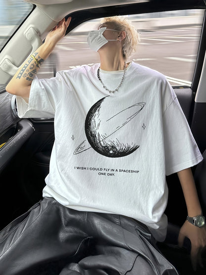 Men's Moon & Stars Tee – 100% Cotton, Summer Loose Fit