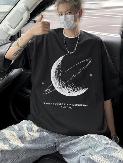 Men's Moon & Stars Tee – 100% Cotton, Summer Loose Fit