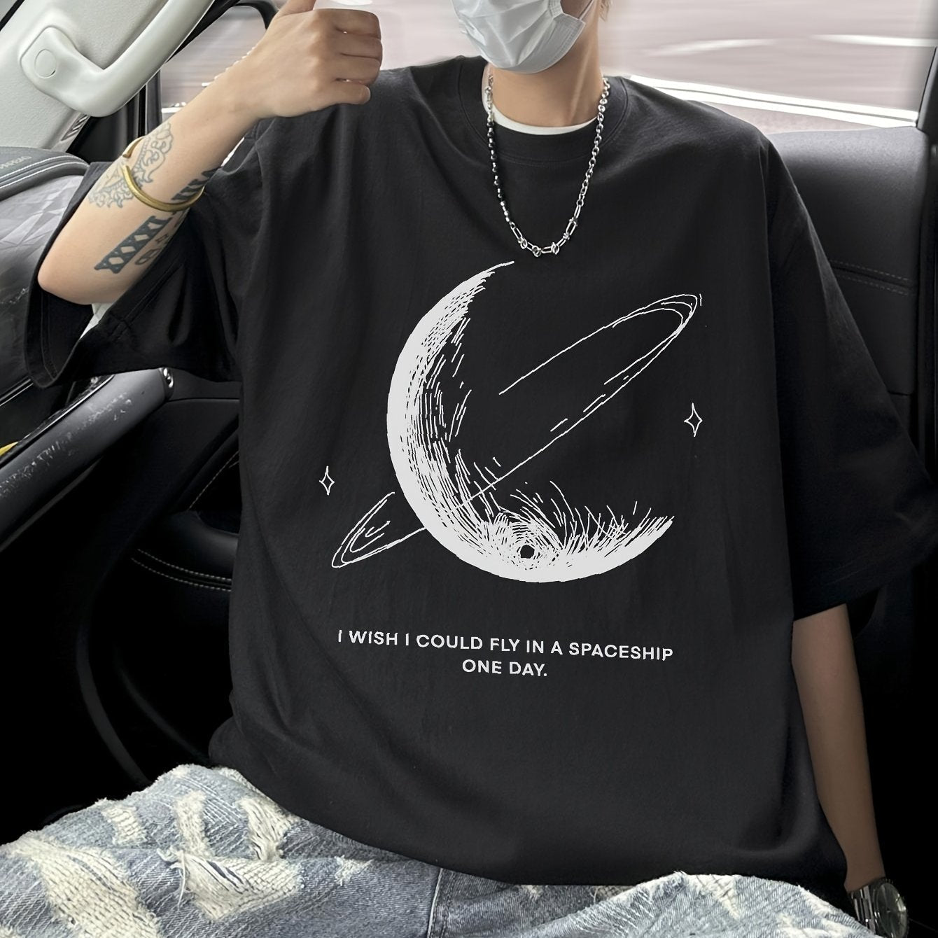 Men's Moon & Stars Tee – 100% Cotton, Summer Loose Fit