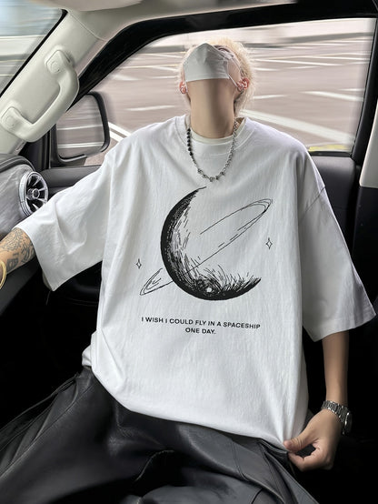 Men's Moon & Stars Tee – 100% Cotton, Summer Loose Fit