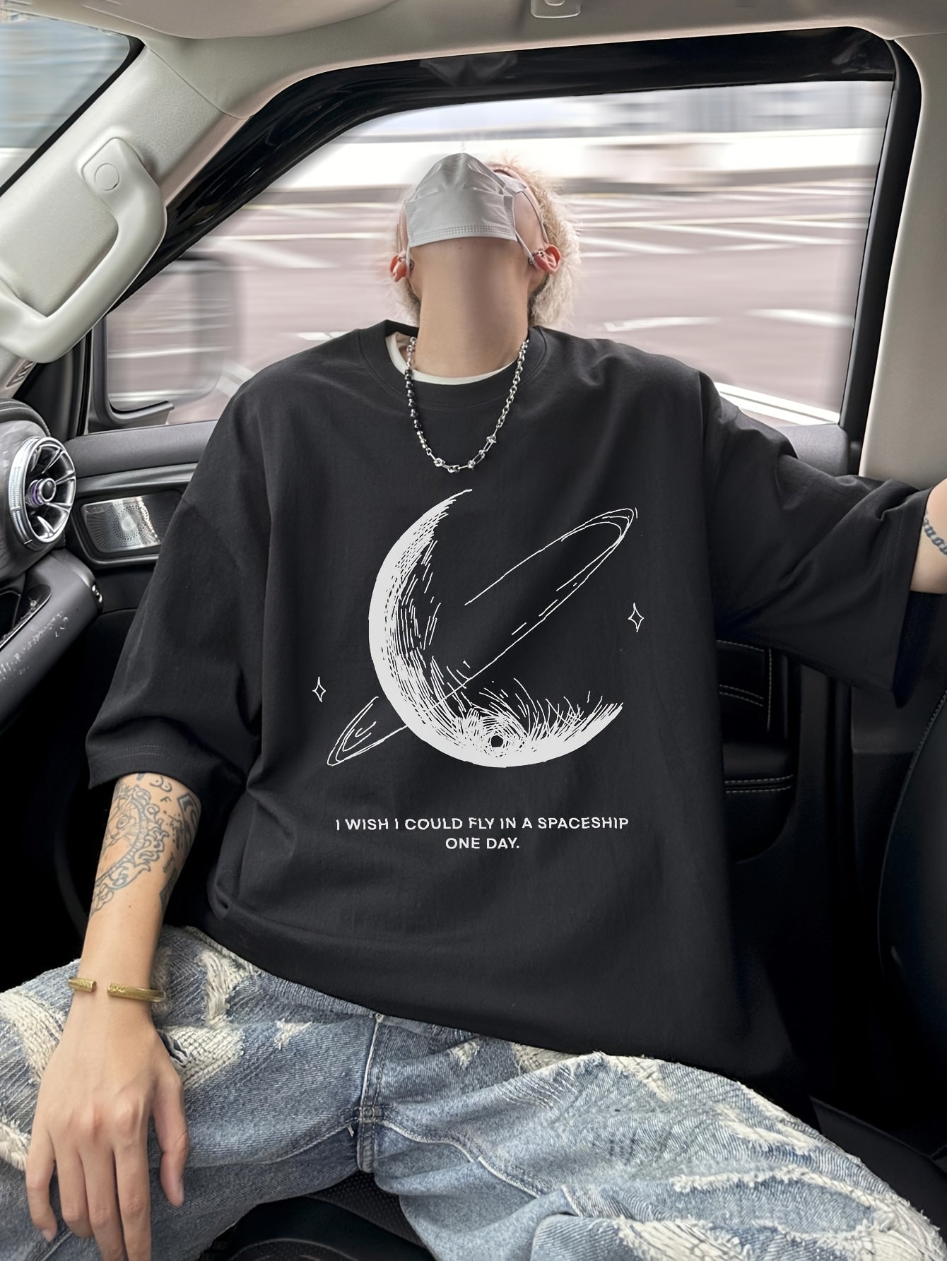 Men's Moon & Stars Tee – 100% Cotton, Summer Loose Fit