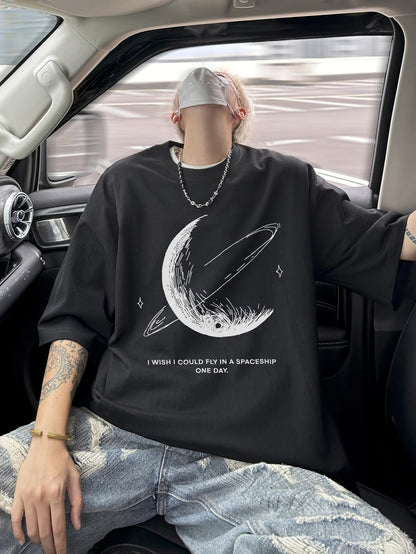 Men's Moon & Stars Tee – 100% Cotton, Summer Loose Fit