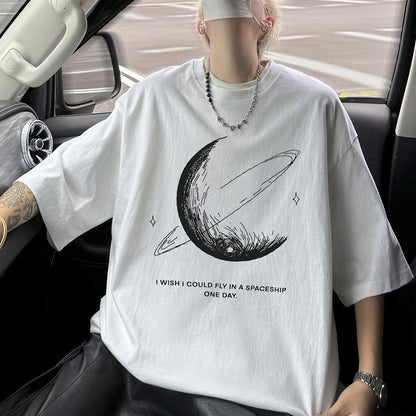 Men's Moon & Stars Tee – 100% Cotton, Summer Loose Fit