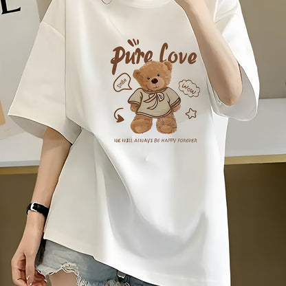 Women's Cute Love Bear Graphic Tee – 'PURE LOVE' Slim Fit
