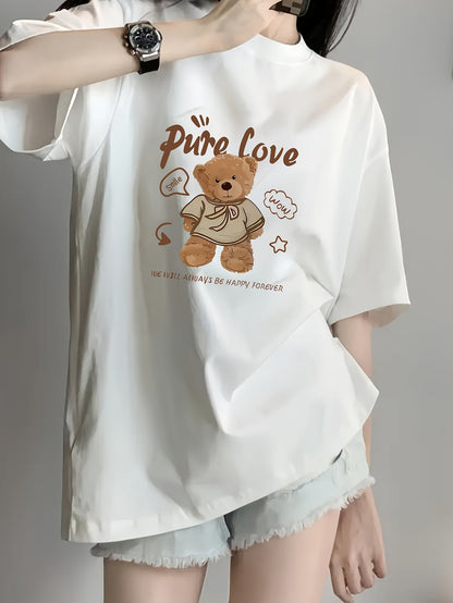 Women's Cute Love Bear Graphic Tee – 'PURE LOVE' Slim Fit