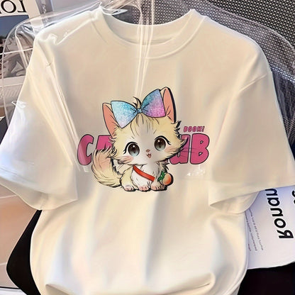 Women's White Short-Sleeve Tee – Cute Cat Graphic Print, Loose Fit