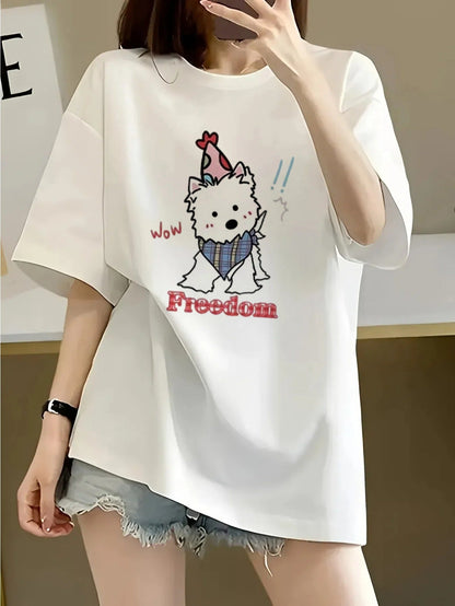 Women's 100% Cotton Graphic T-Shirt – Cute Cartoon Dog 'Wow~ PROUD' Print