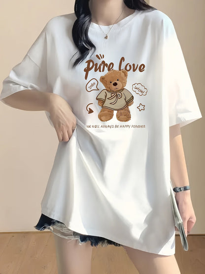 Women's Cute Love Bear Graphic Tee – 'PURE LOVE' Slim Fit