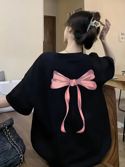 Women's Black Geometric Bow Print T-Shirt – Loose Fit Casual Top