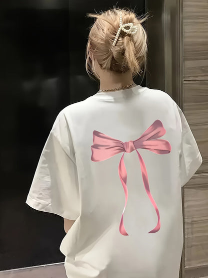 Women's Black Geometric Bow Print T-Shirt – Loose Fit Casual Top