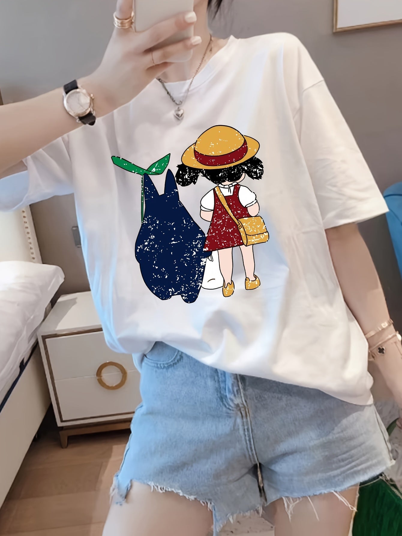 Women's Retro Korean Cartoon Print Tee – Vintage Geometric Pattern