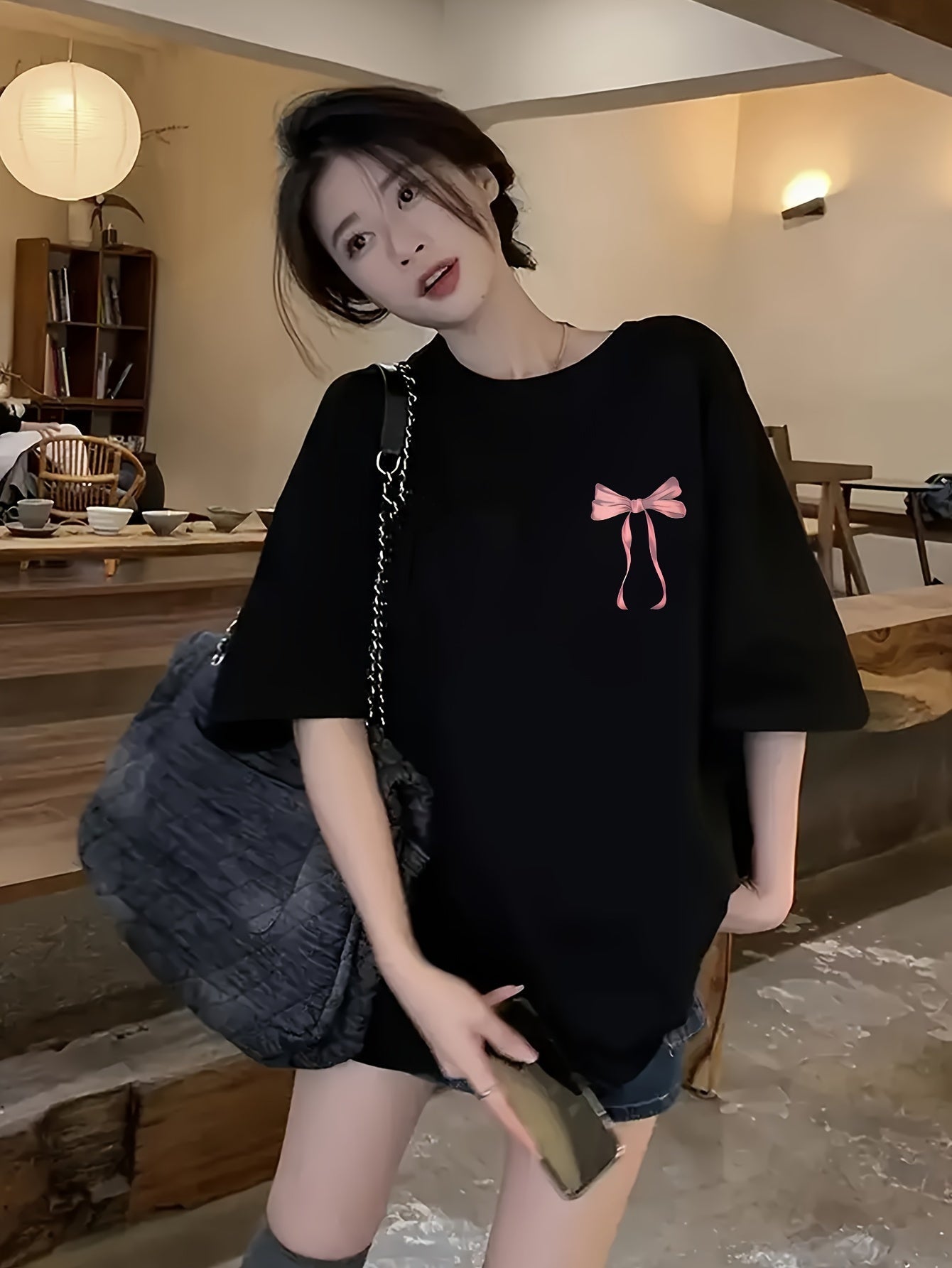 Women's Black Geometric Bow Print T-Shirt – Loose Fit Casual Top