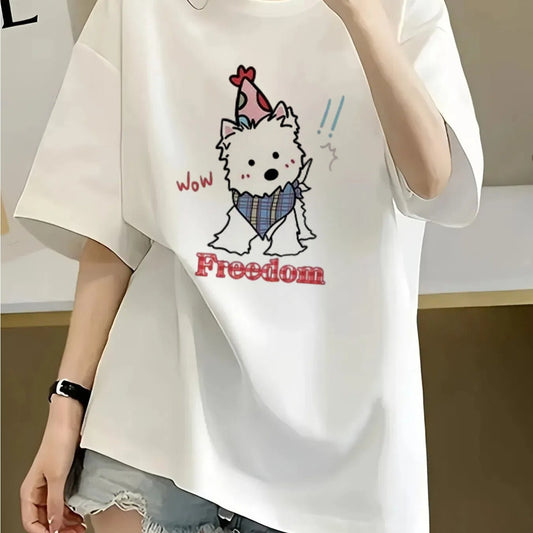 Women's 100% Cotton Graphic T-Shirt – Cute Cartoon Dog 'Wow~ PROUD' Print