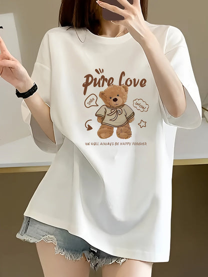 Women's Cute Love Bear Graphic Tee – 'PURE LOVE' Slim Fit