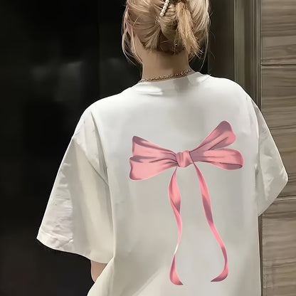 Women's Black Geometric Bow Print T-Shirt – Loose Fit Casual Top