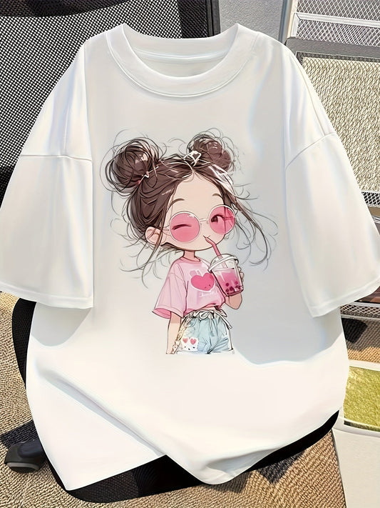 Women's 100% Cotton Cartoon Print Tee – Pink Drink & Heart Design