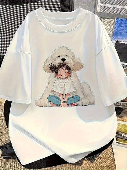 1pc Women'S Y2K Style Cartoon Print T-Shirt, Crew Neck, Short Sleeve, Regular Length, Slight Stretch Fabric, with Applique Detail, Loose Fit, All-Season Casual Tee, Ladies T Shirt