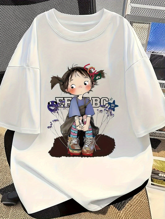 Women's Oversized Short Sleeve T-Shirt – Cartoon Print, Lightweight Loose Fit