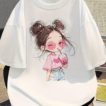Women's 100% Cotton Cartoon Print Tee – Pink Drink & Heart Design