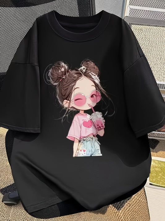 Women's 100% Cotton Cartoon Print Tee – Pink Drink & Heart Design