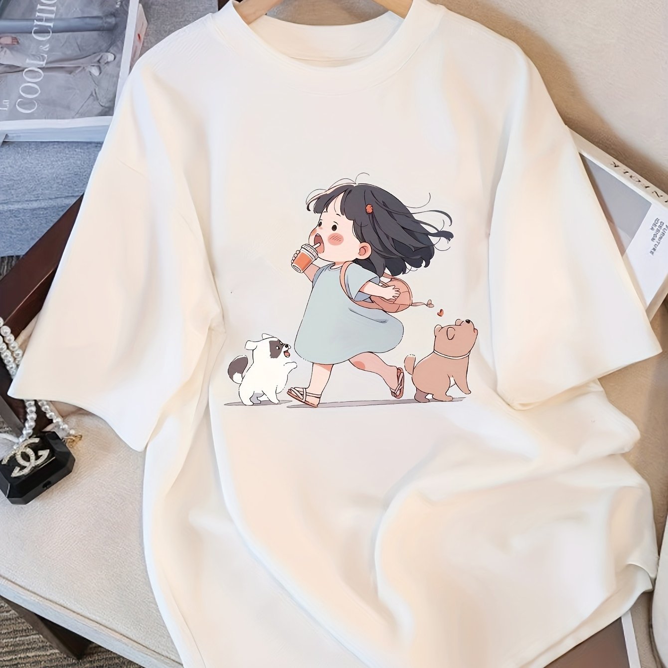 Y2K-Inspired Women'S Short Sleeve T-Shirt with Adorable Cartoon Print - Slim Fit, Crew Neck, Pure Top for Spring/Summer/Fall, Cute T Shirt