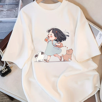Y2K-Inspired Women'S Short Sleeve T-Shirt with Adorable Cartoon Print - Slim Fit, Crew Neck, Pure Top for Spring/Summer/Fall, Cute T Shirt