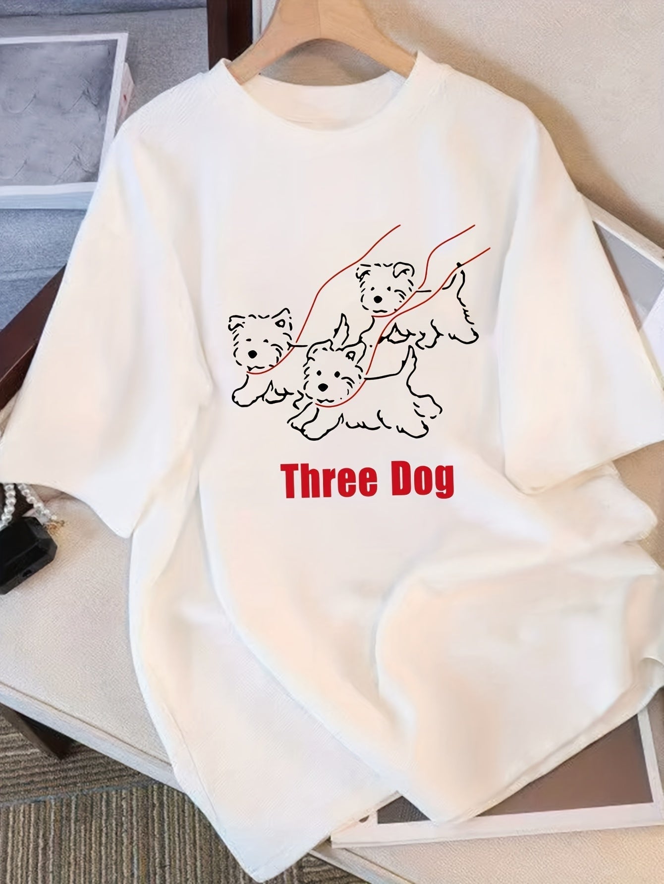 Women's Casual 100% Cotton Tee – Playful Three Dog Graphic, Loose Fit