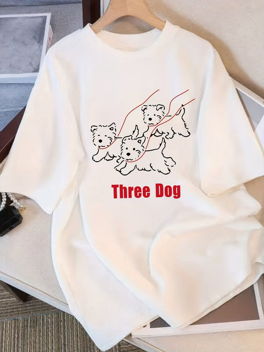 Women's Casual 100% Cotton Tee – Playful Three Dog Graphic, Loose Fit