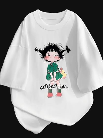 Y2K-Inspired Women'S T-Shirt with Whimsical Graphic, Sweet Style Crew Neck Tee, Polyester 95% + Spandex 5%, Relaxed Fit Short Sleeve Top with Applique Detail, All-Season Casual Wear, Ladies T Shirts