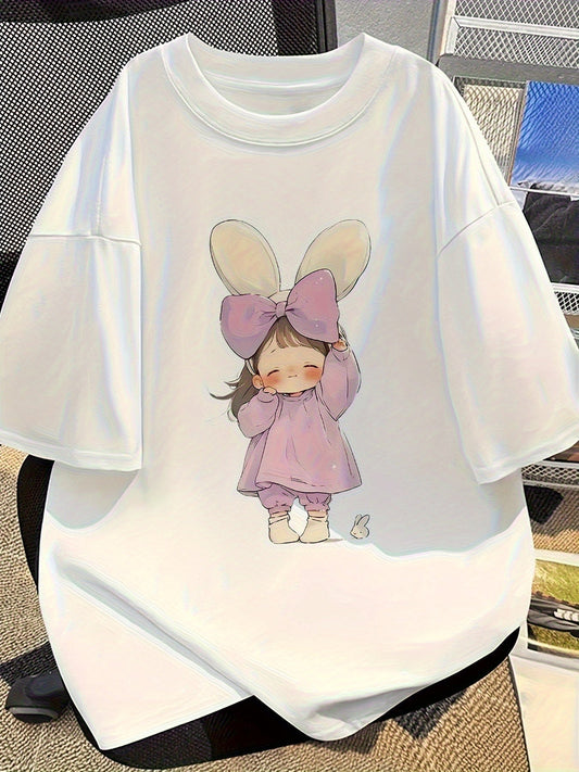Women's Oversized Tee – Cute Bunny Ears & Purple Bow Graphic