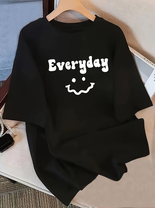 Women's Black 100% Cotton Oversized T-Shirt – 'Everyday' Joyful Face Print