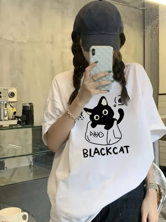 Women's Casual T-Shirt – Playful Black Cat 'BLACKCAT' Print