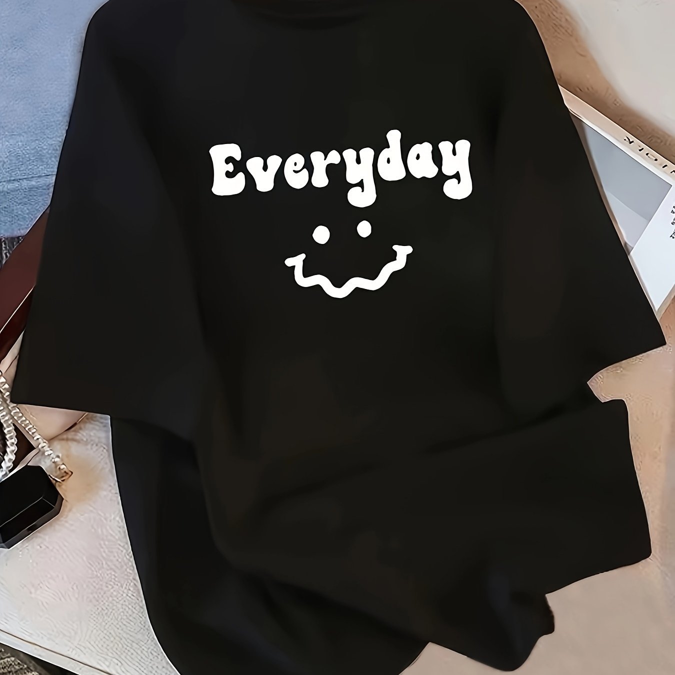 Women's Black 100% Cotton Oversized T-Shirt – 'Everyday' Joyful Face Print