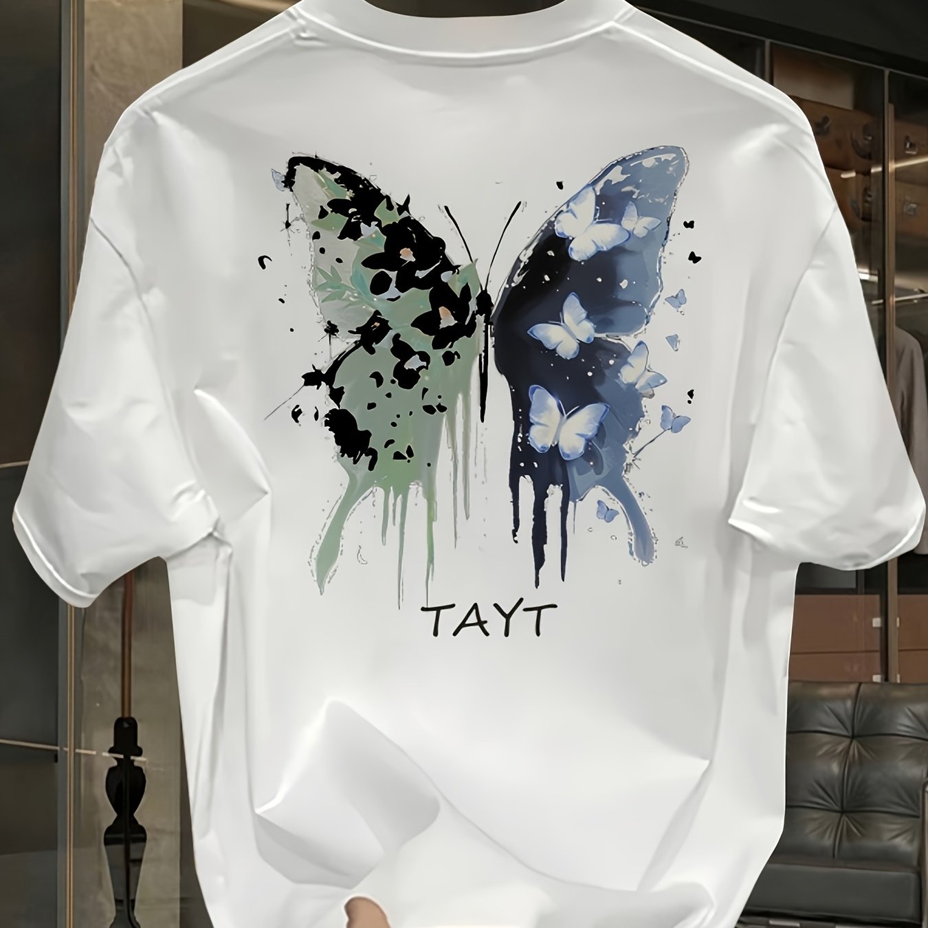 Men’s Black Cotton Graphic T-Shirt – White Butterfly & Paint Splatter